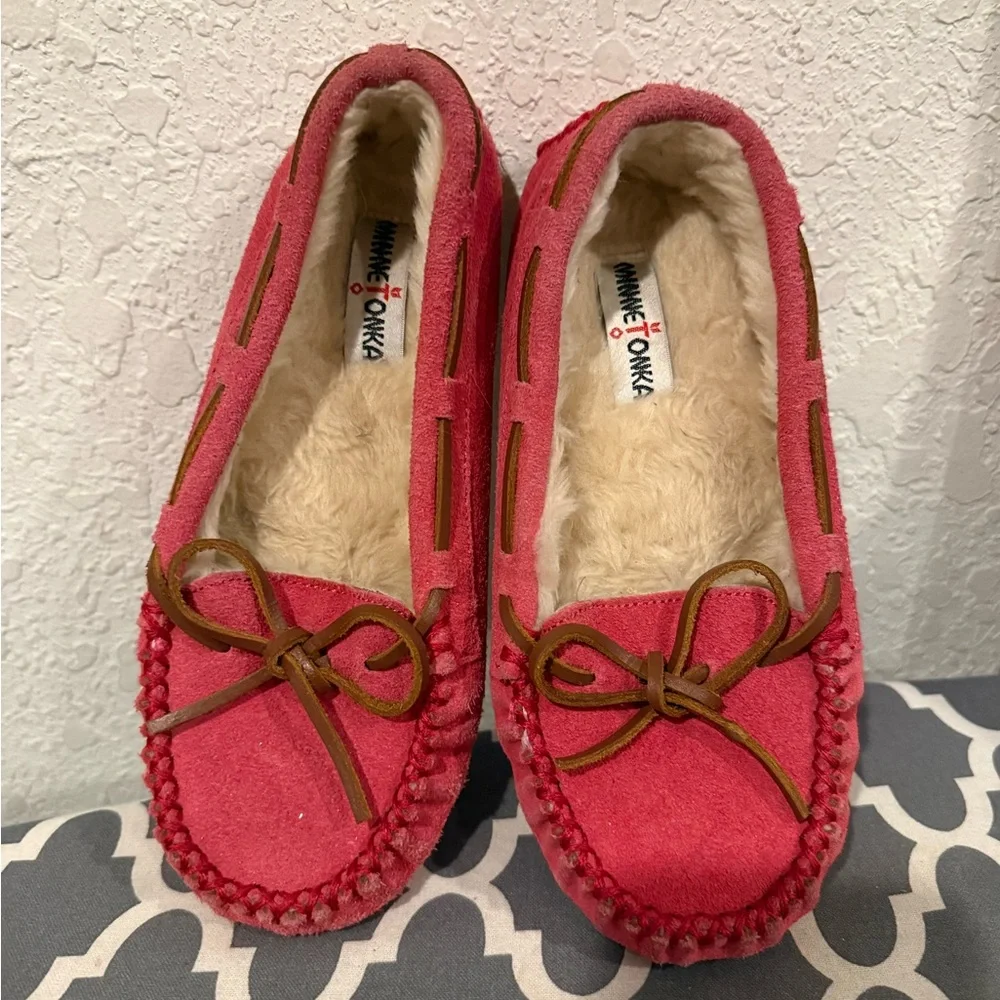 Minnetonka Pink Suede Moccasins with Bow